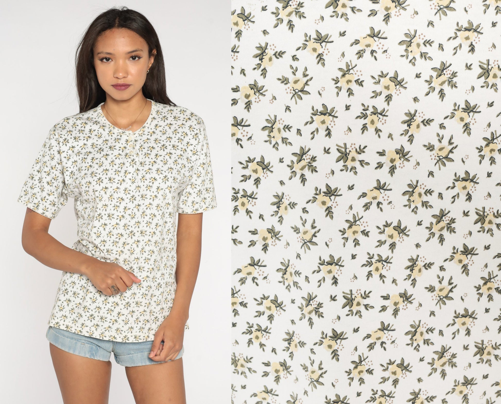 90s Floral Henley Shirt White Short Sleeve Quarter Button Cotton Top Medium