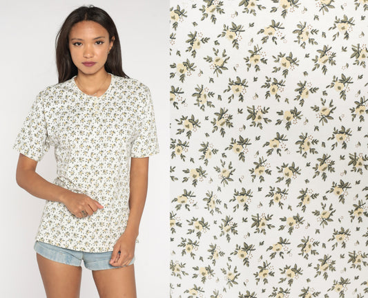 90s Floral Henley Shirt White Short Sleeve Quarter Button Cotton Top Medium
