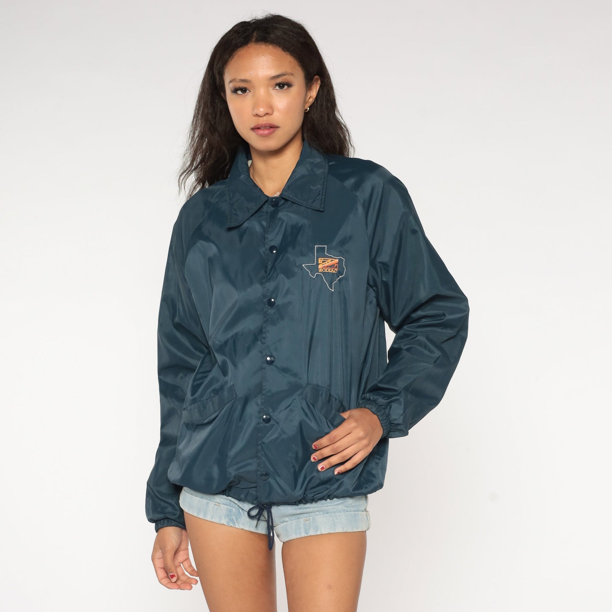 80s Zodiac Texas Map Windbreaker Navy Nylon Snap Jacket Medium