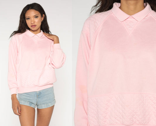 90s Gitano Baby Pink Quilted Sweatshirt Collared Raglan Medium