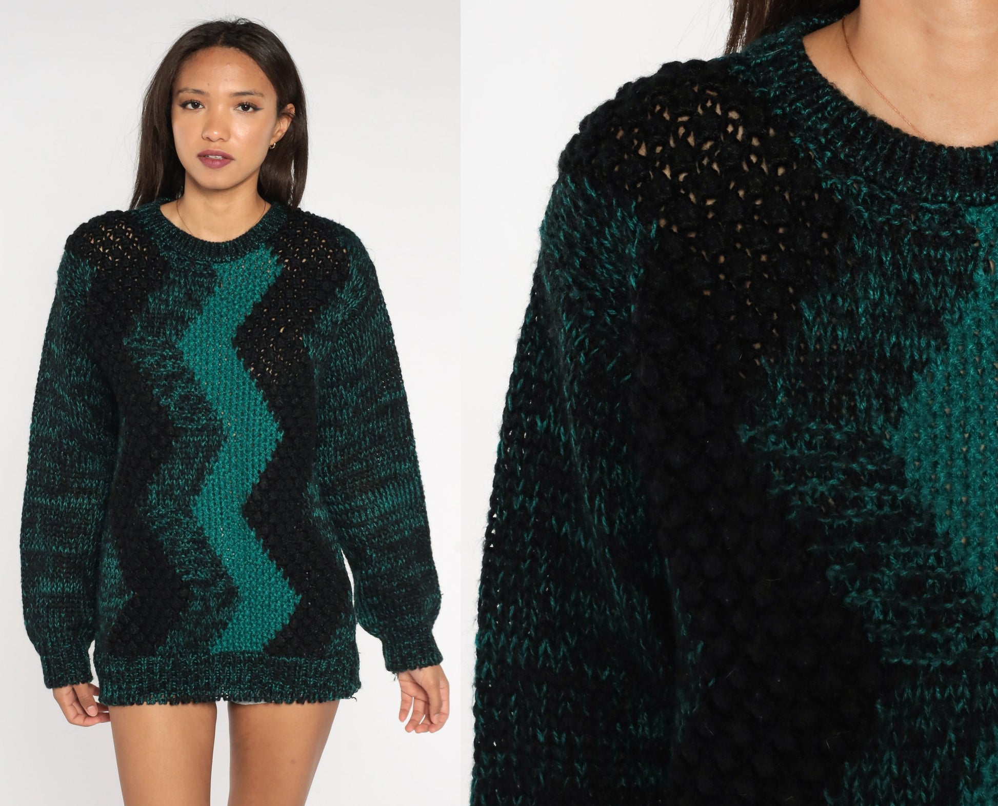 80s Zig Zag Striped Knit Sweater Black Green Space Dye Crewneck Medium