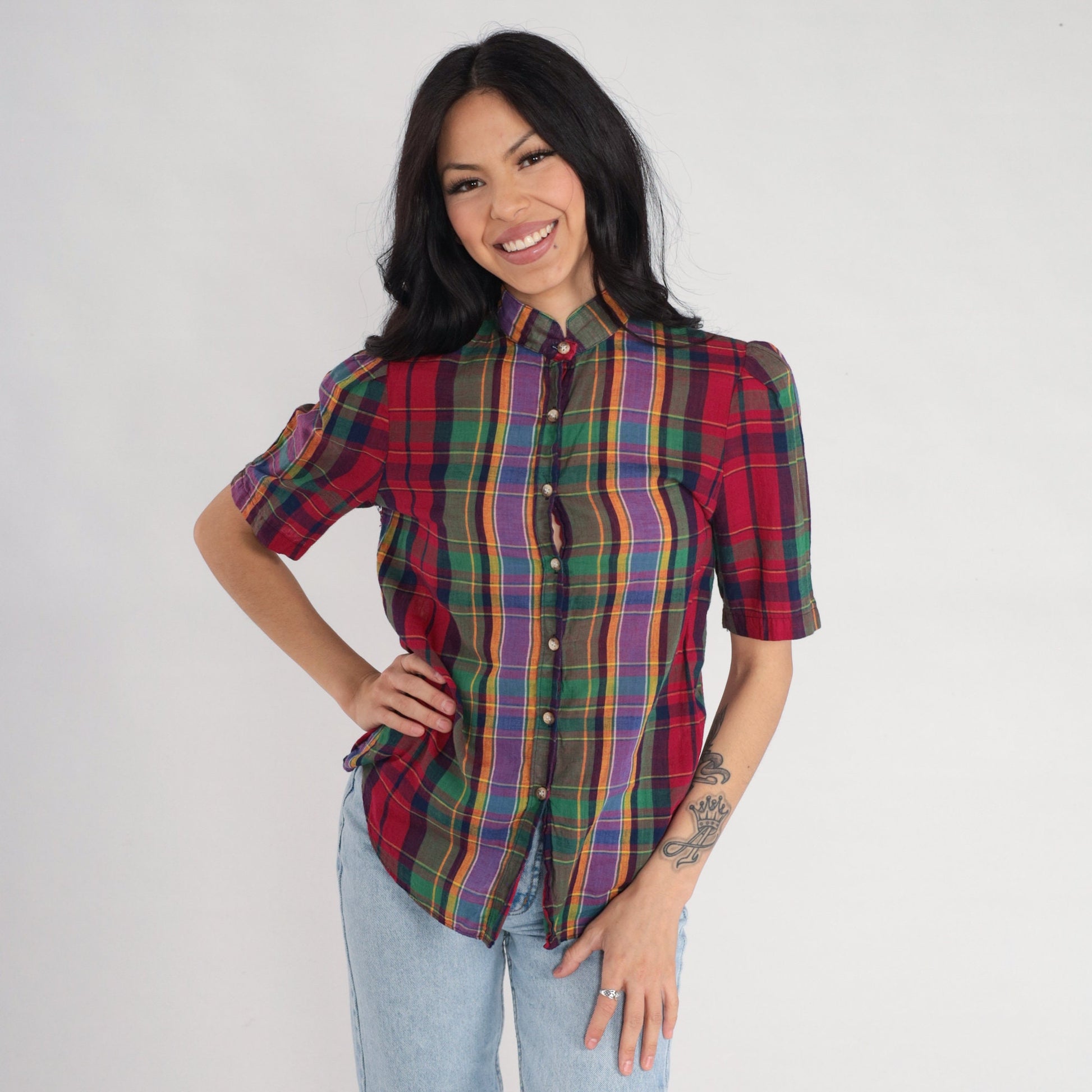 80s The Villager Checkered Blouse Puff Sleeve Button Up Red Green Purple Extra Small XS