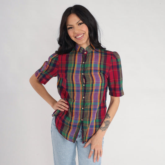 80s The Villager Checkered Blouse Puff Sleeve Button Up Red Green Purple Extra Small XS