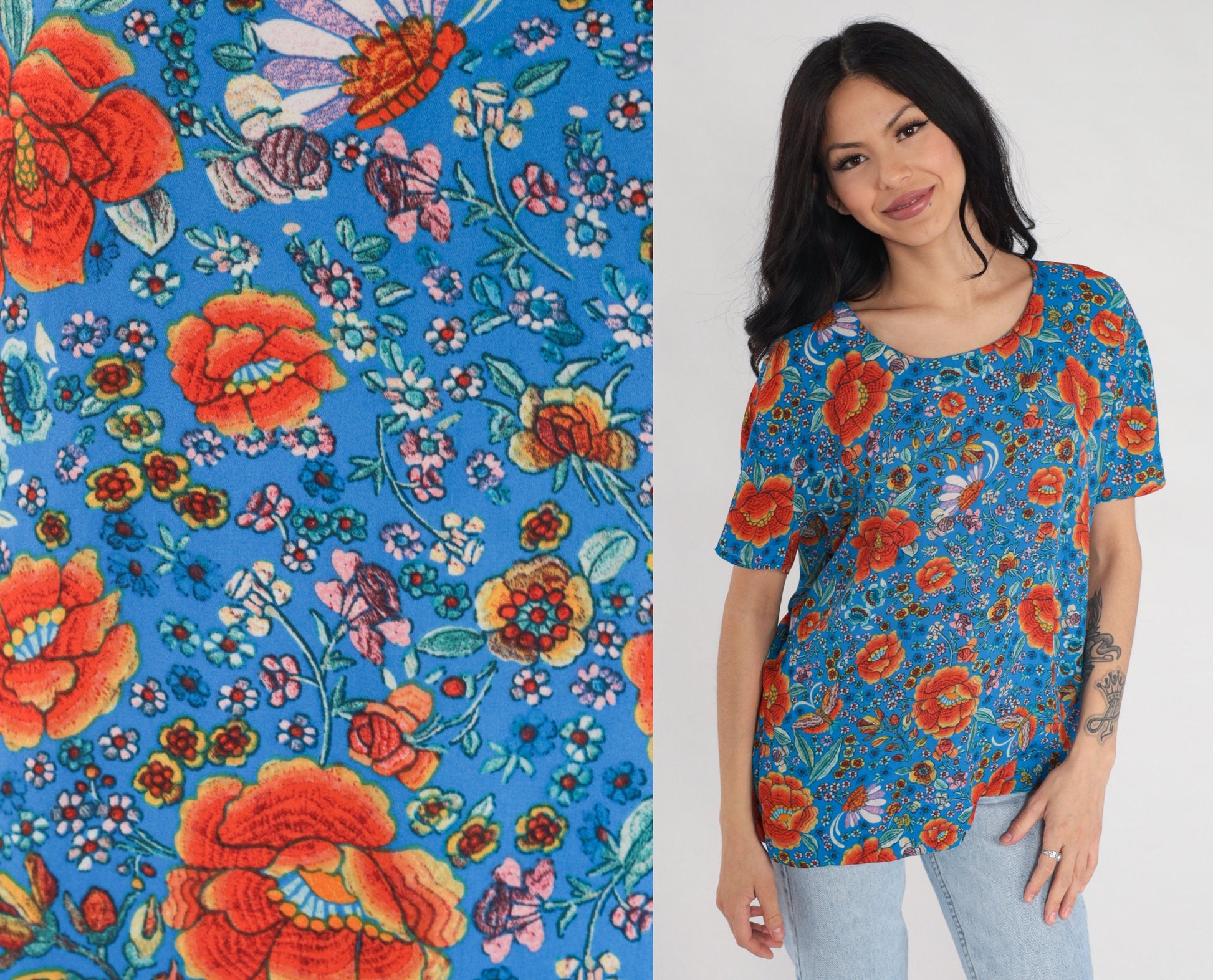 Y2K Blue Orange Floral Blouse Short Sleeve Keyhole Clasp Top Medium