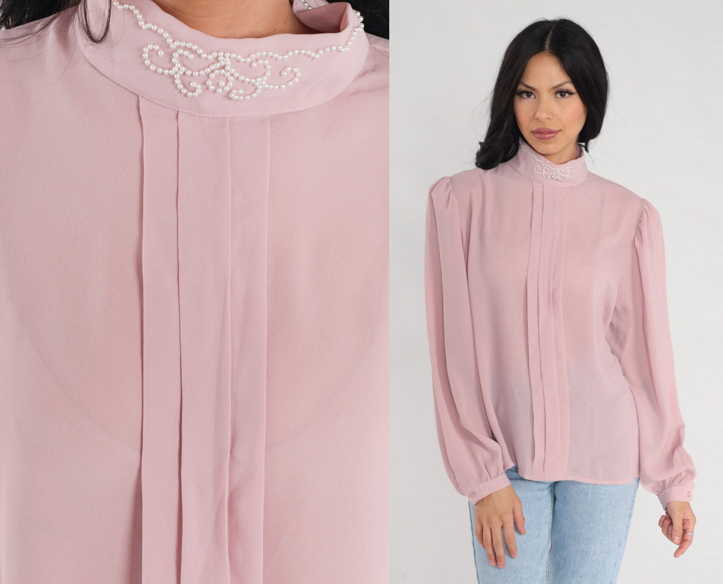 80s Pink Chiffon Blouse Puff Sleeve Beaded Pleated Mock Neck Large L
