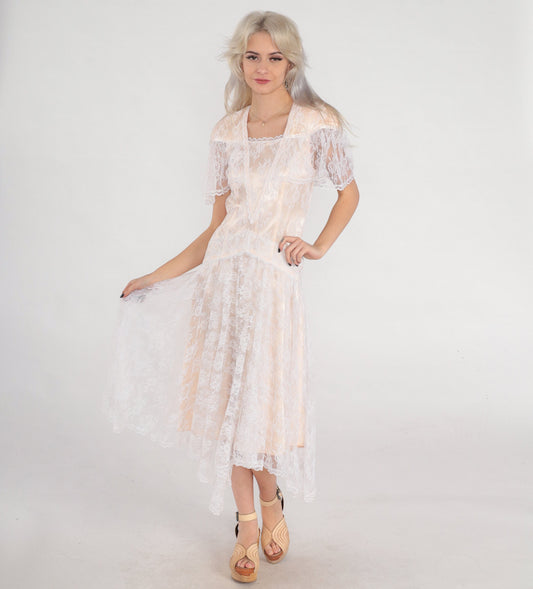 80s Gunne Sax Jessica McClintock Lace Midi Dress Blush Handkerchief Hem XS