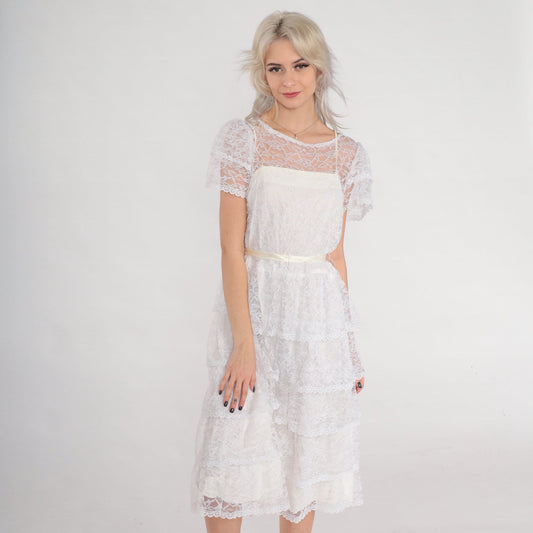 80s White Lace Midi Dress Floral Illusion Neckline Puff Sleeve Tiered Small