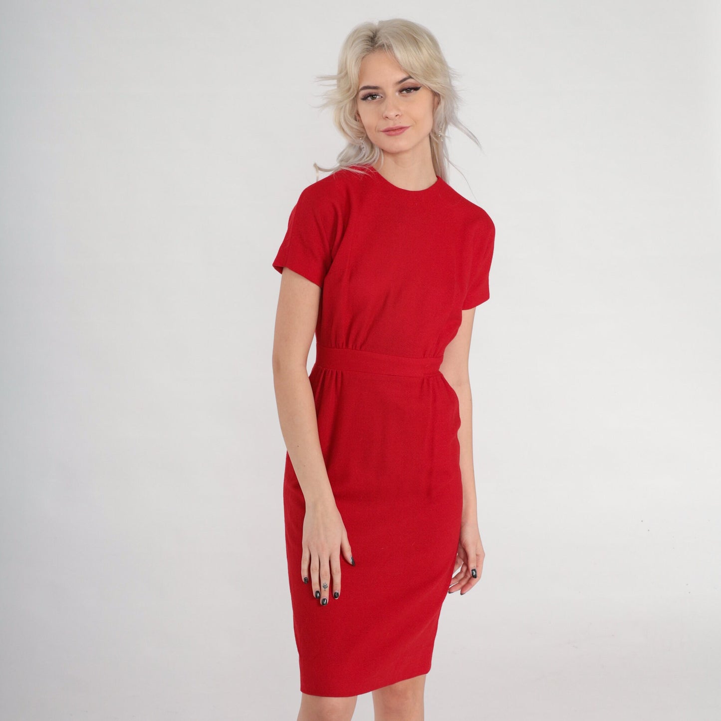 60s Red Wool Pencil Dress High Waisted Knee Length Short Sleeve Extra Small XS