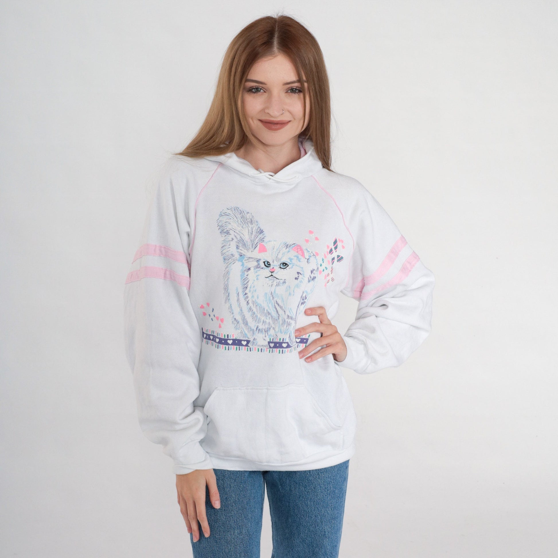 90s Kitten Graphic Hooded Sweatshirt White Pink Stripe Raglan Large L