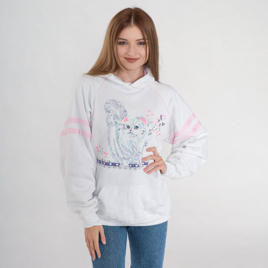 90s Kitten Graphic Hooded Sweatshirt White Pink Stripe Raglan Large L