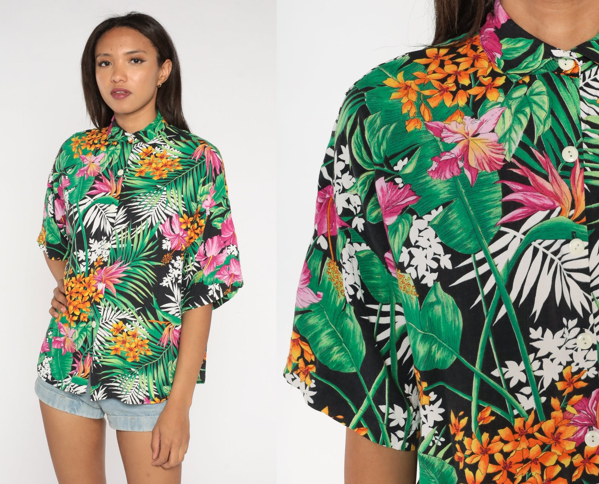 90s Tropical Floral Rayon Button-Up Shirt Green Botanical Short Sleeve Large L