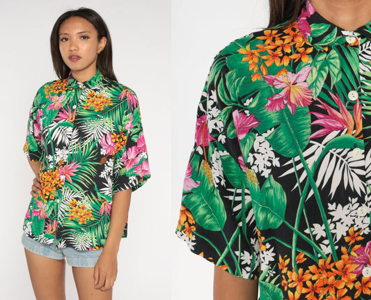 90s Tropical Floral Rayon Button-Up Shirt Green Botanical Short Sleeve Large L