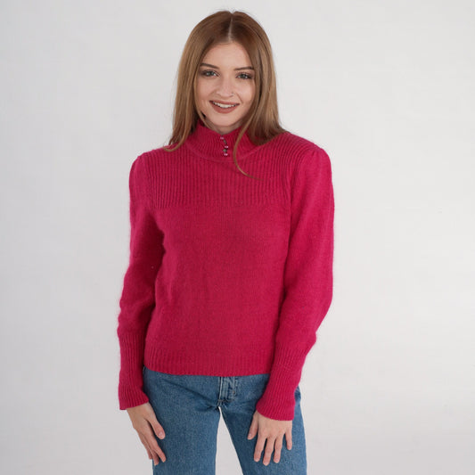 80s Deep Pink Mock Neck Puff Sleeve Knit Sweater Button Detail Medium M