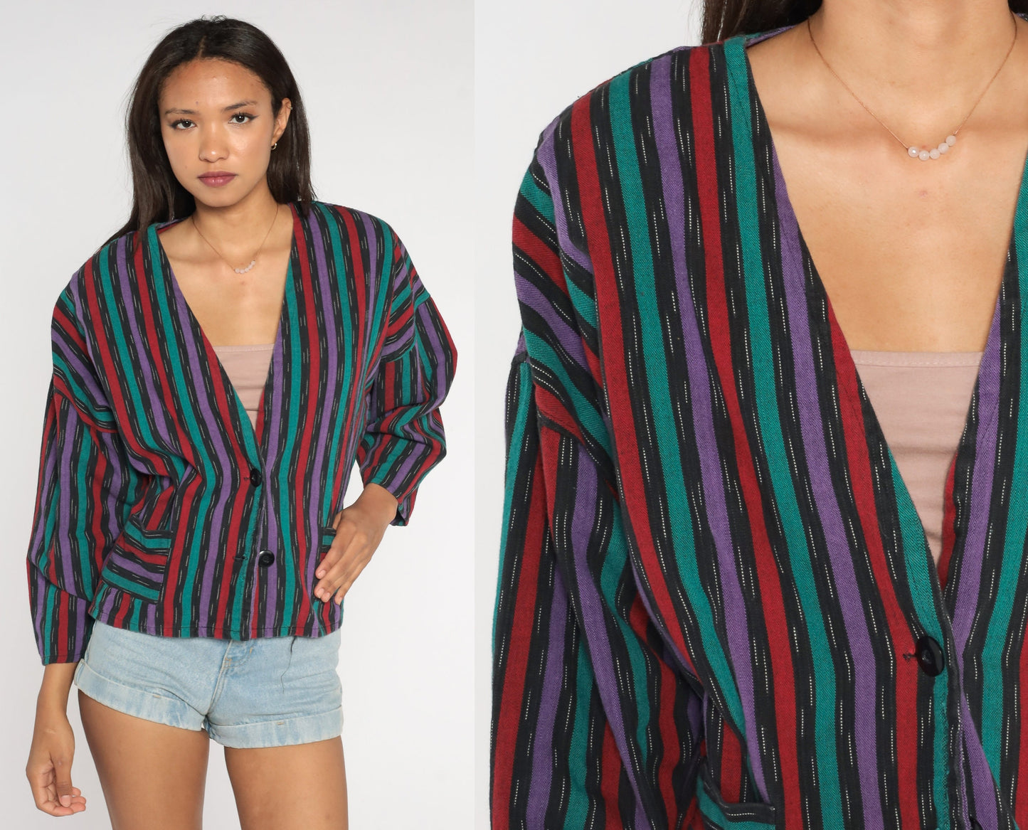 90s Striped Cotton Blazer Deep V-Neck Button Jacket Medium
