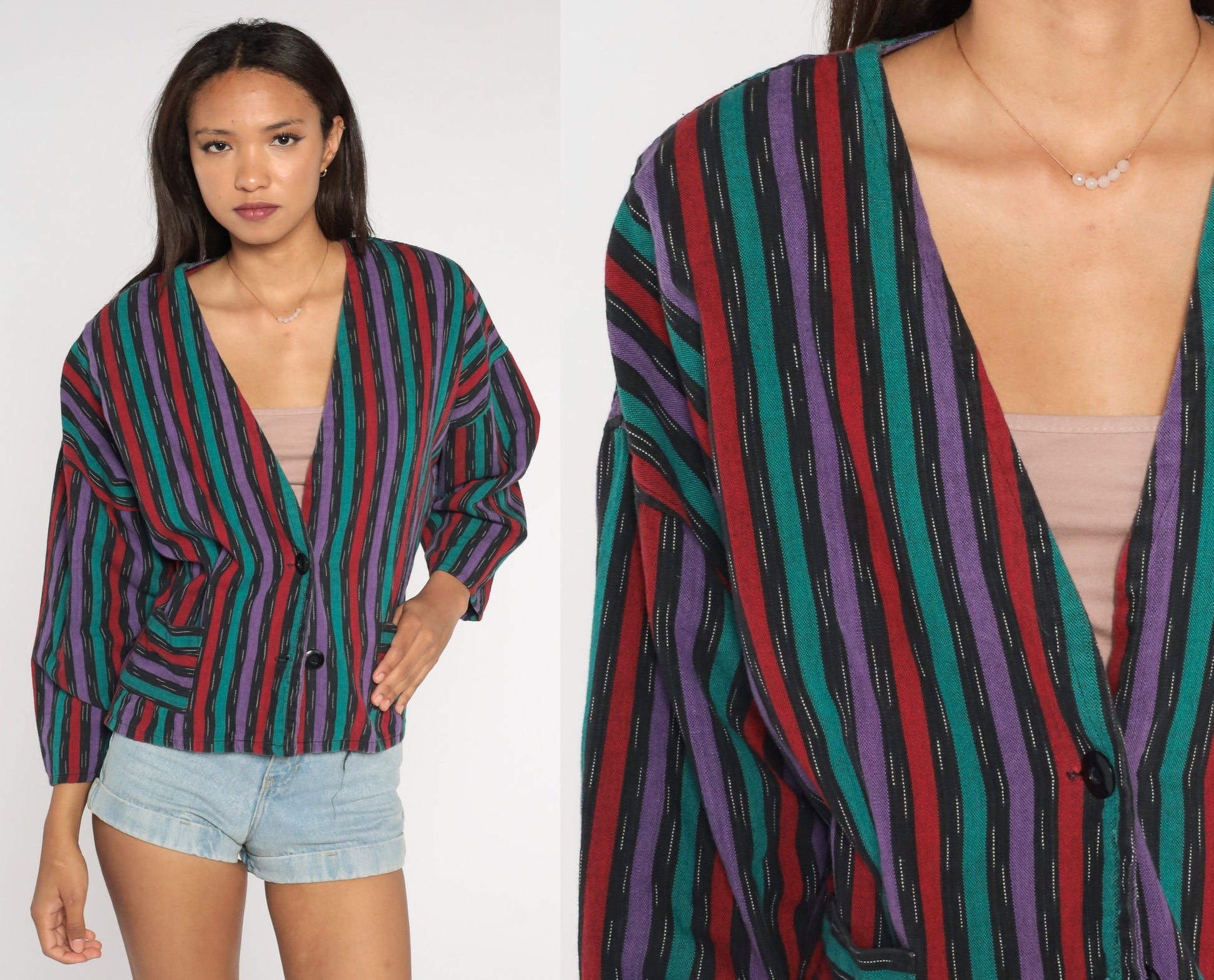 90s Striped Cotton Blazer Deep V-Neck Button Jacket Medium
