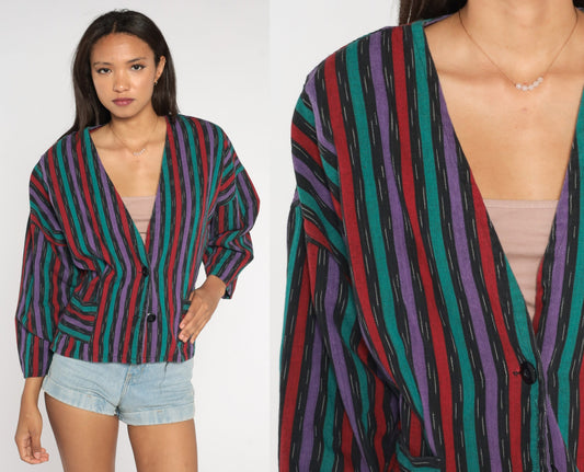 90s Striped Cotton Blazer Deep V-Neck Button Jacket Medium