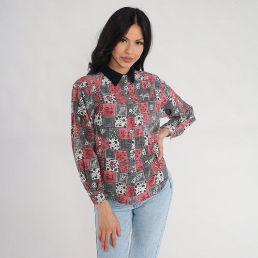 90s High Sierra Dalmatian Dog Print Button-Up Blouse Cotton Corduroy Collar Extra Small