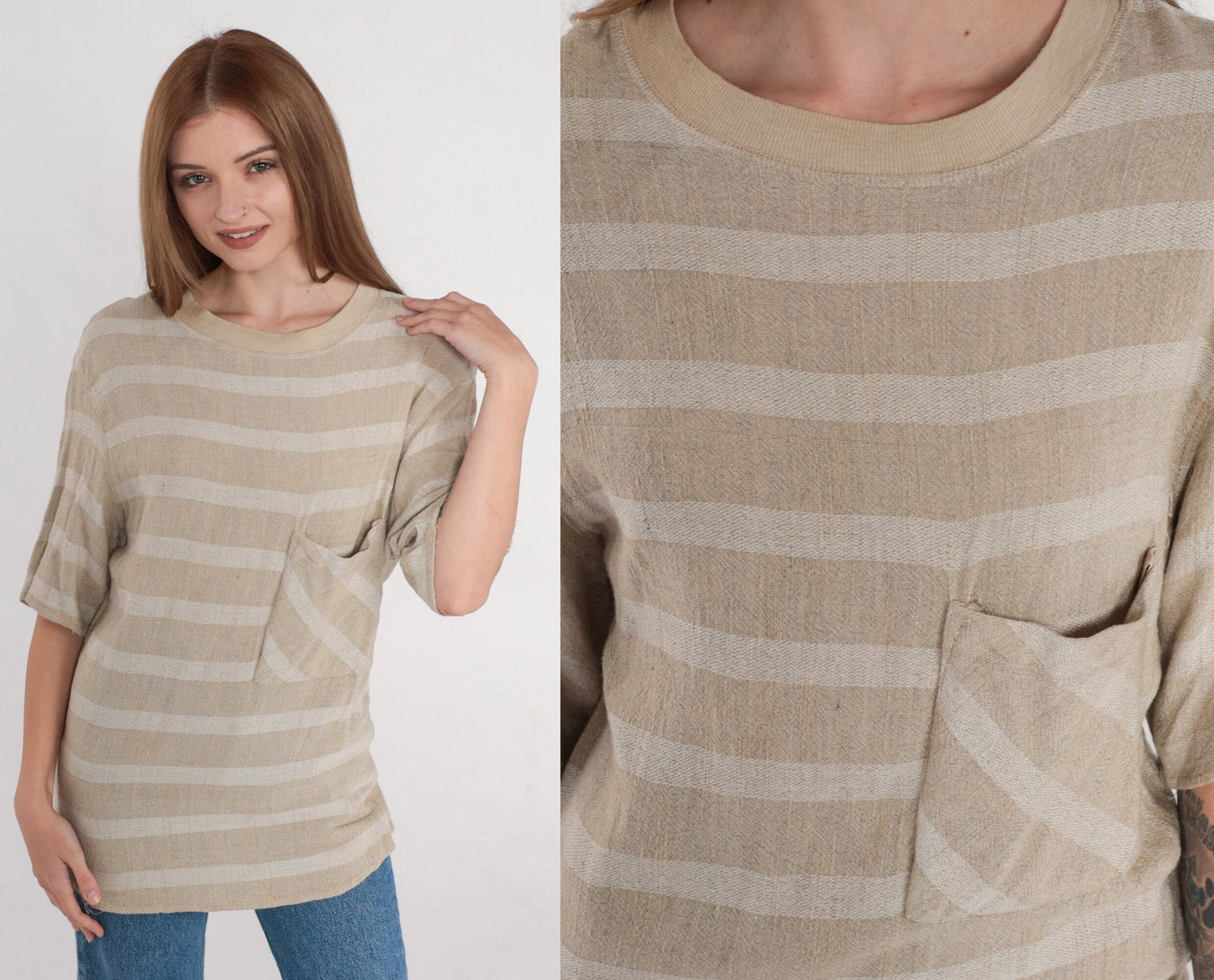 90s Tan Striped Pocket T-Shirt Rayon Crewneck Small