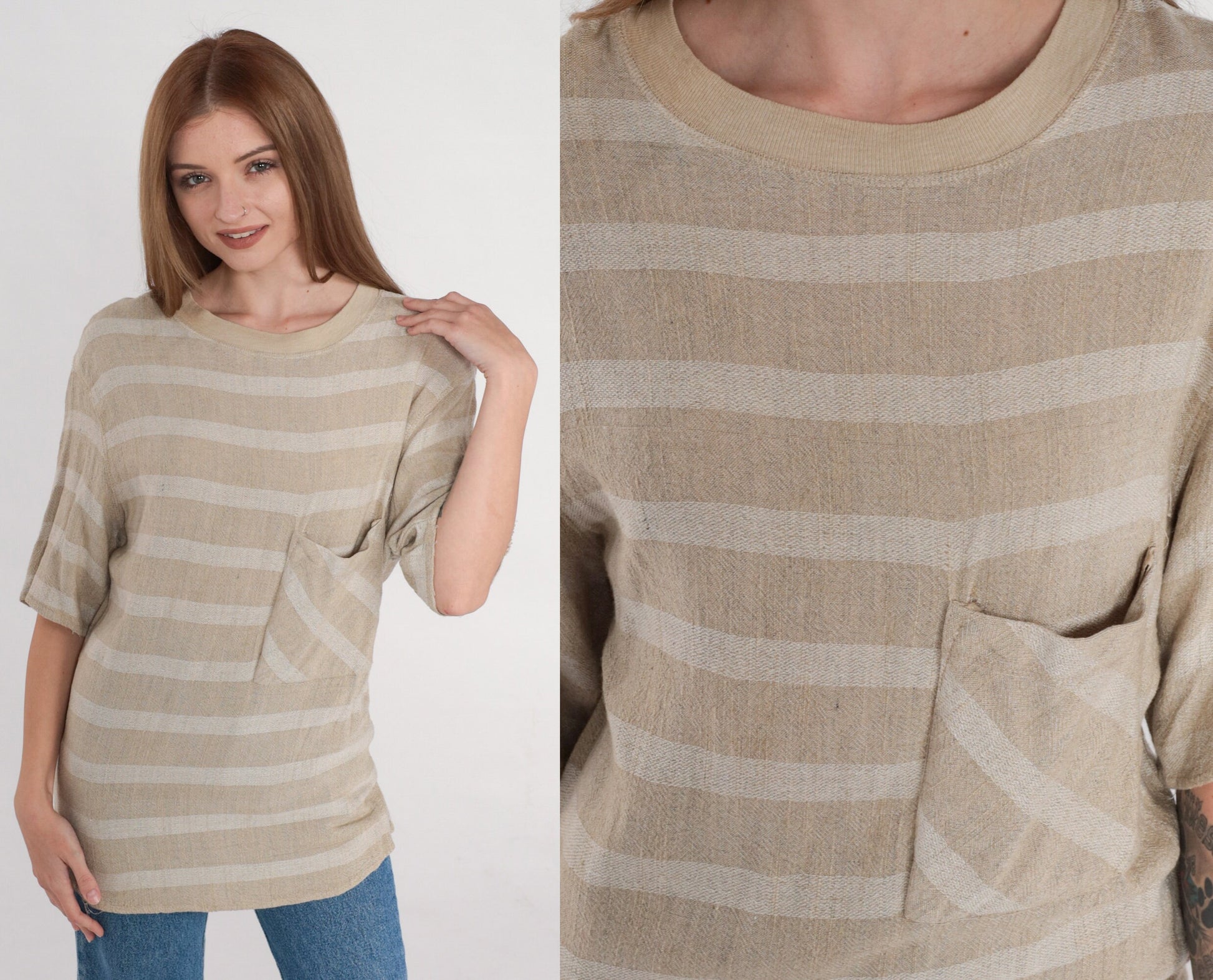 90s Tan Striped Pocket T-Shirt Rayon Crewneck Small