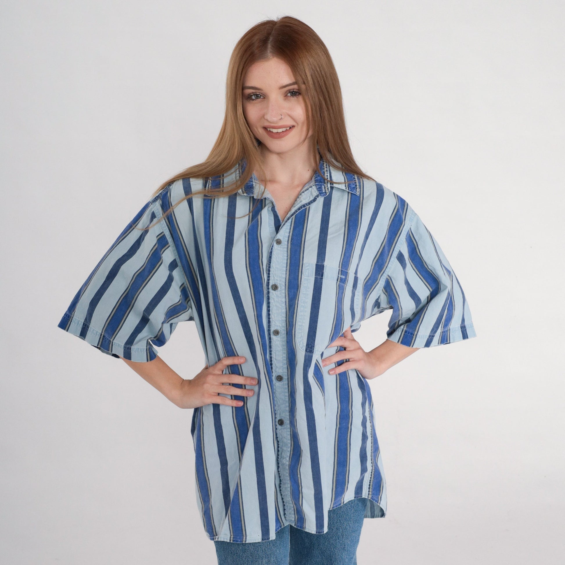 90s Sostanza Striped Cotton Button-Up Shirt Blue Collared Short Sleeve Large