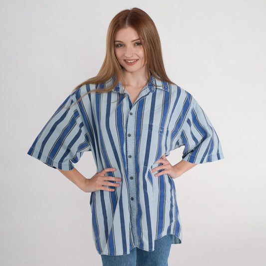90s Sostanza Striped Cotton Button-Up Shirt Blue Collared Short Sleeve Large