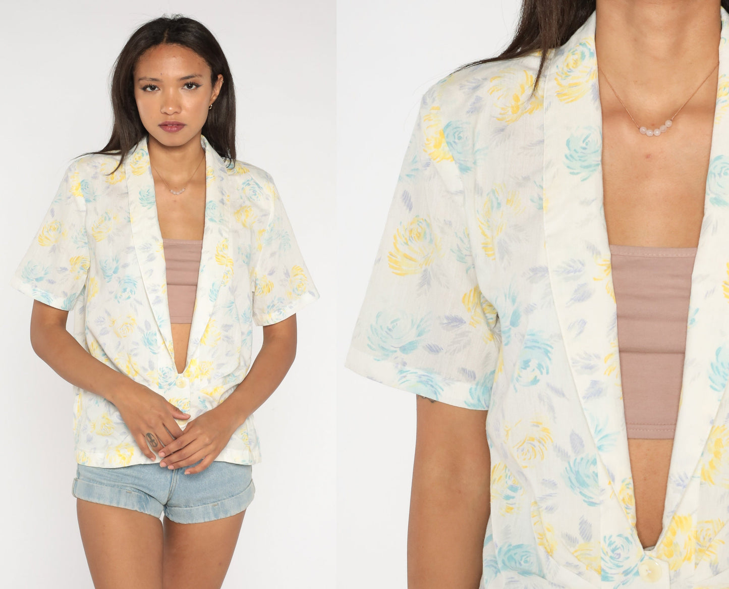 80s White Floral Deep V-Neck Blouse Button-Up Short Sleeve Large