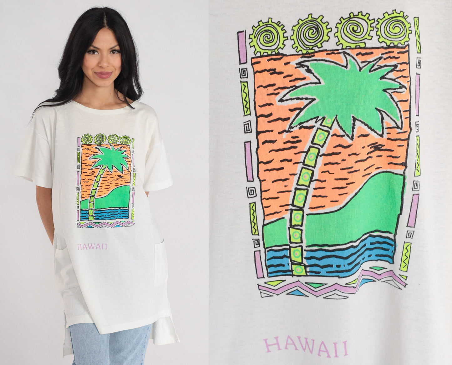 90s Hawaii Palm Tree Graphic T-Shirt Dress White Tropical Print Medium Large