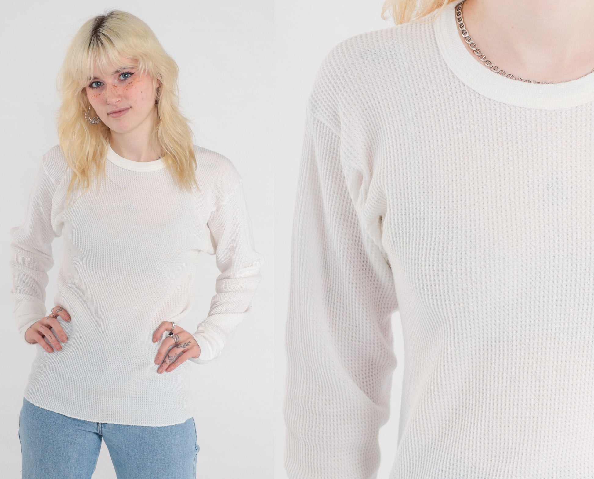 80s White Waffle Knit Thermal Long Sleeve Shirt Small Medium