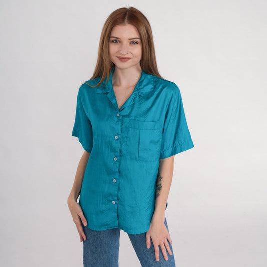 80s Blue Button-Up Shirt Short Sleeve Collared Blouse Chest Pocket Medium