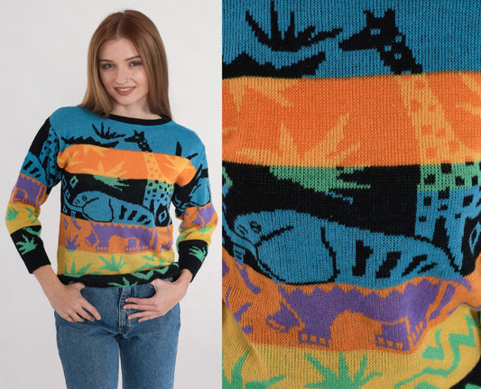 90s Safari Animal Striped Knit Sweater Elephant Giraffe Snake Multicolor XS