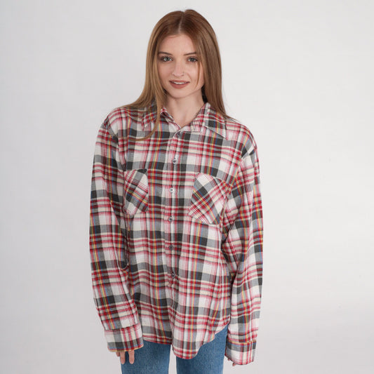 80s Sears Plaid Button-Up Shirt Long Sleeve Cotton Flannel Men's Large