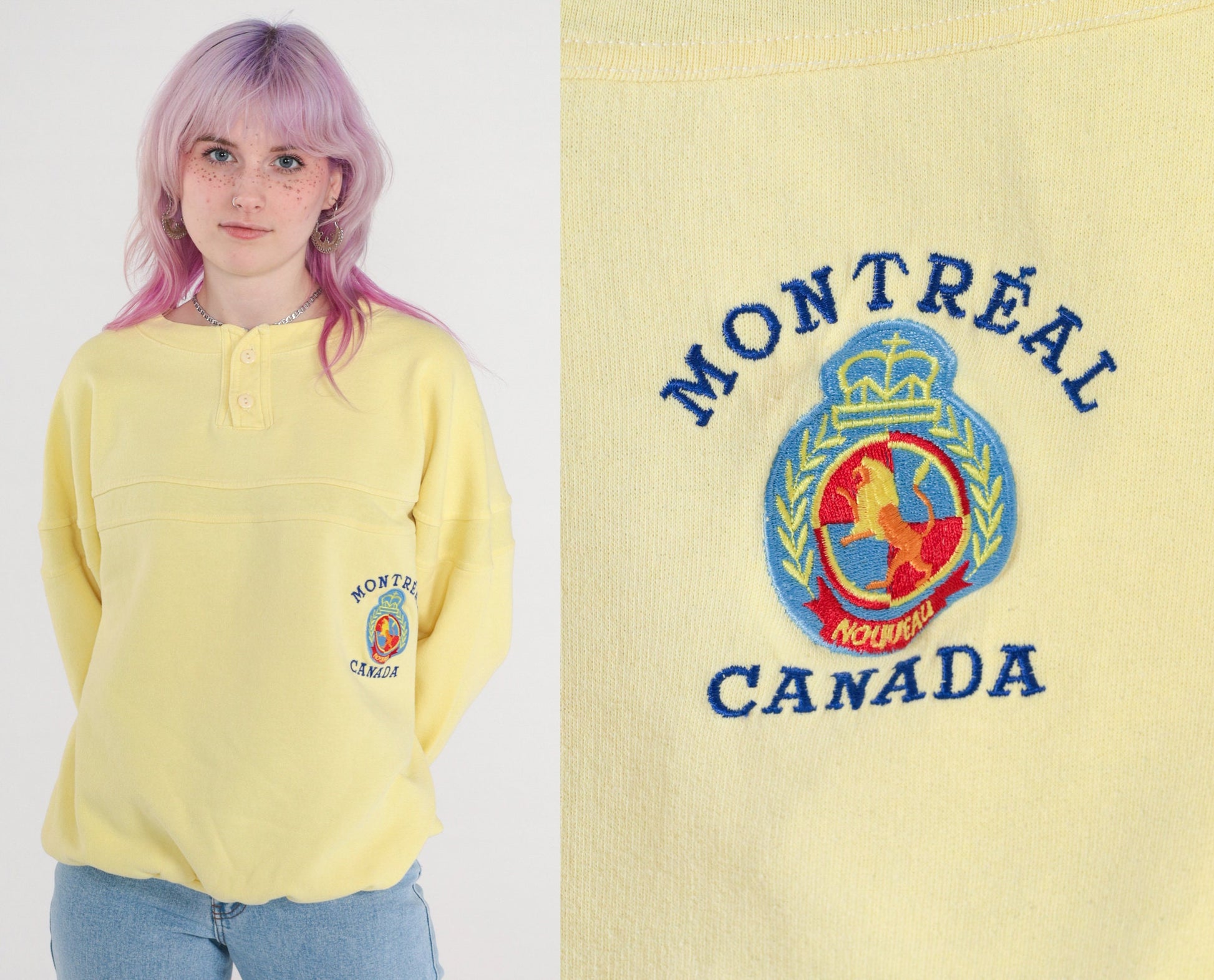 80s Montreal Quebec Canada Sweatshirt Yellow Graphic Pullover Extra Large XL