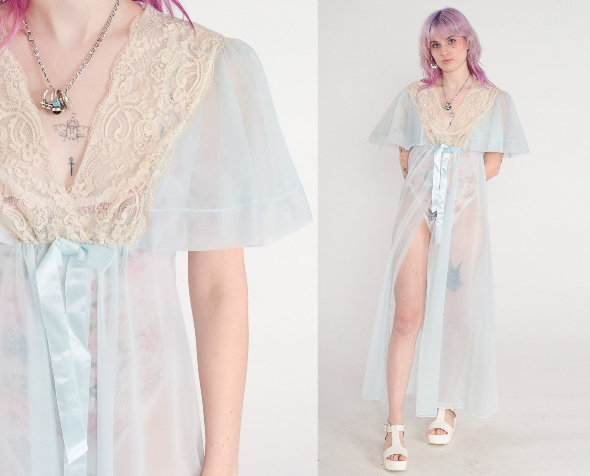 70s Sheer Baby Blue Nylon Lingerie Robe Maxi Lace Trim Empire Waist Small