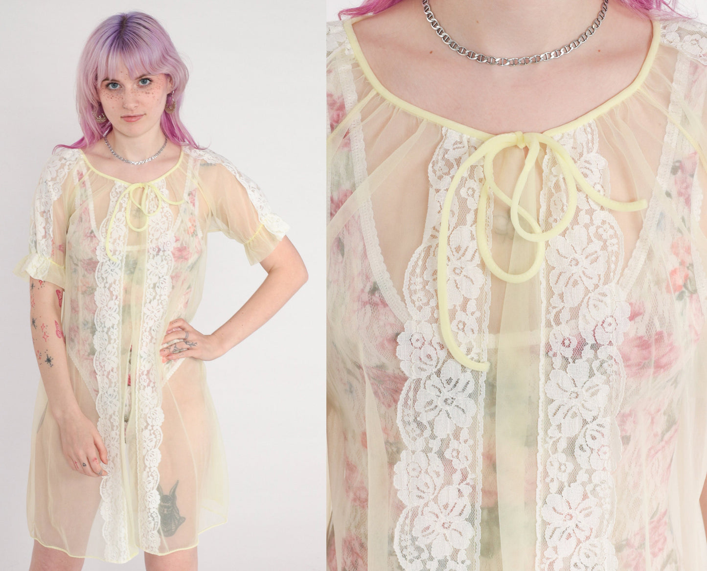 70s Yellow Sheer Nylon Lace Lingerie Robe Kimono Small