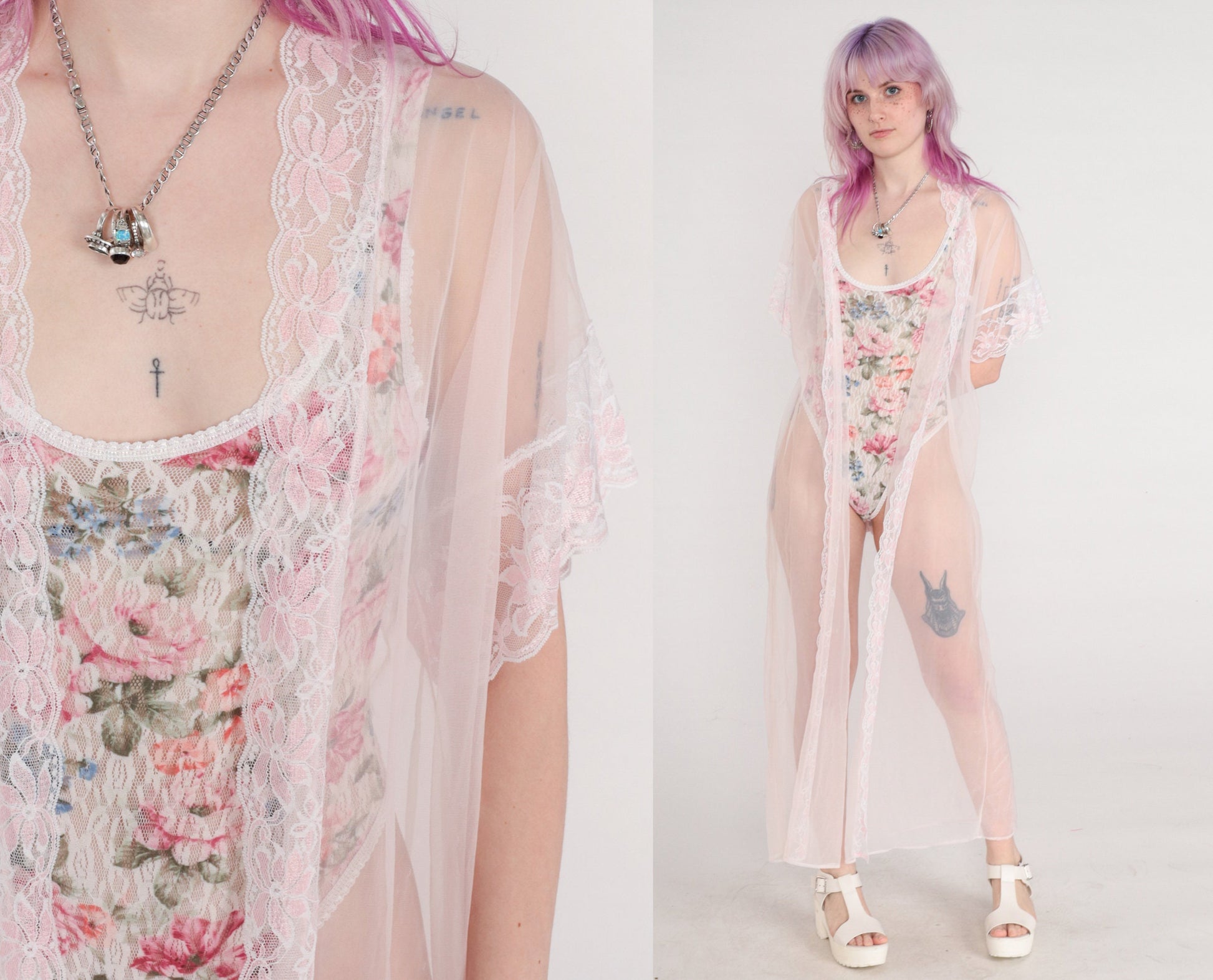 70s Baby Pink Sheer Nylon Maxi Robe Lace Trim Open Front Large L