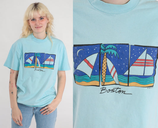 80s Boston Sailboat Graphic T-Shirt Single Stitch Aqua Blue Medium Large
