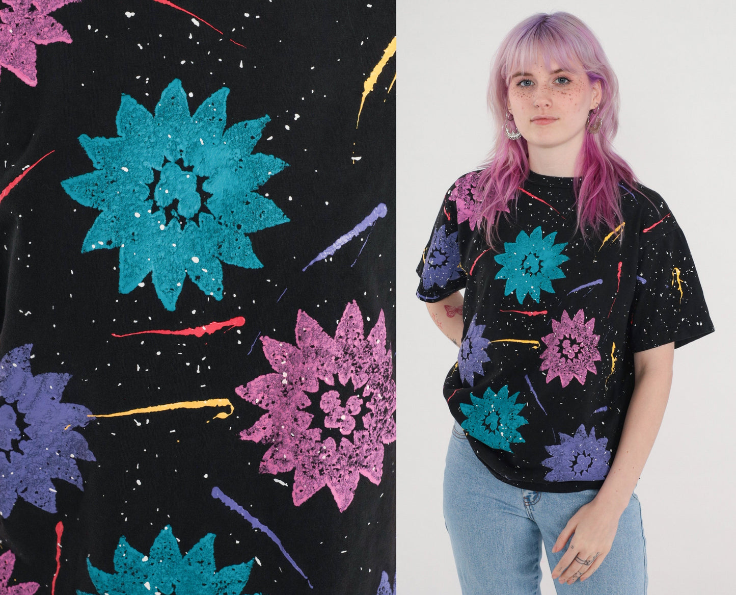 90s Floral Sponge Painted T-Shirt Black Purple Brushstroke Cotton Tee Large