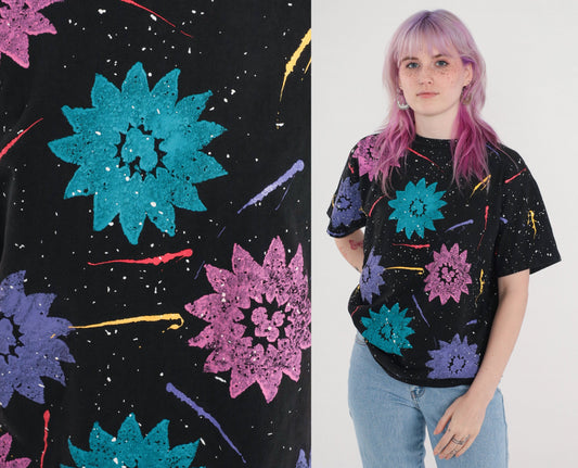 90s Floral Sponge Painted T-Shirt Black Purple Brushstroke Cotton Tee Large