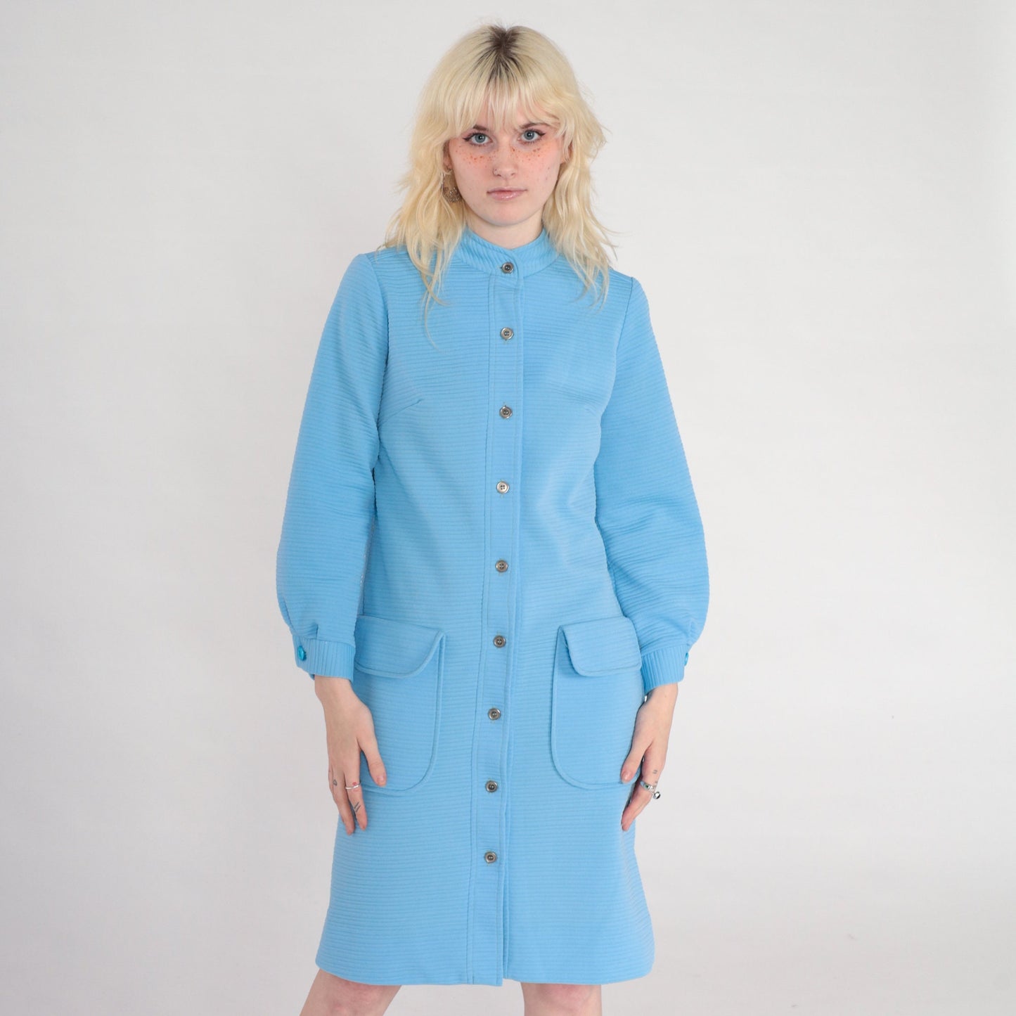 70s Mod Shift Dress Blue Ribbed Polyester Button Front Long Sleeve Small