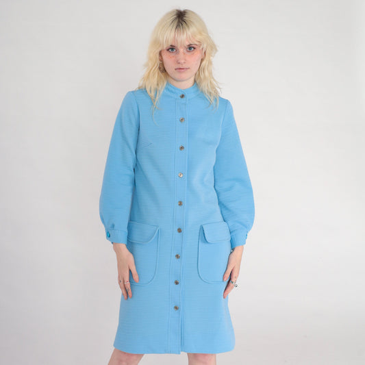 70s Mod Shift Dress Blue Ribbed Polyester Button Front Long Sleeve Small