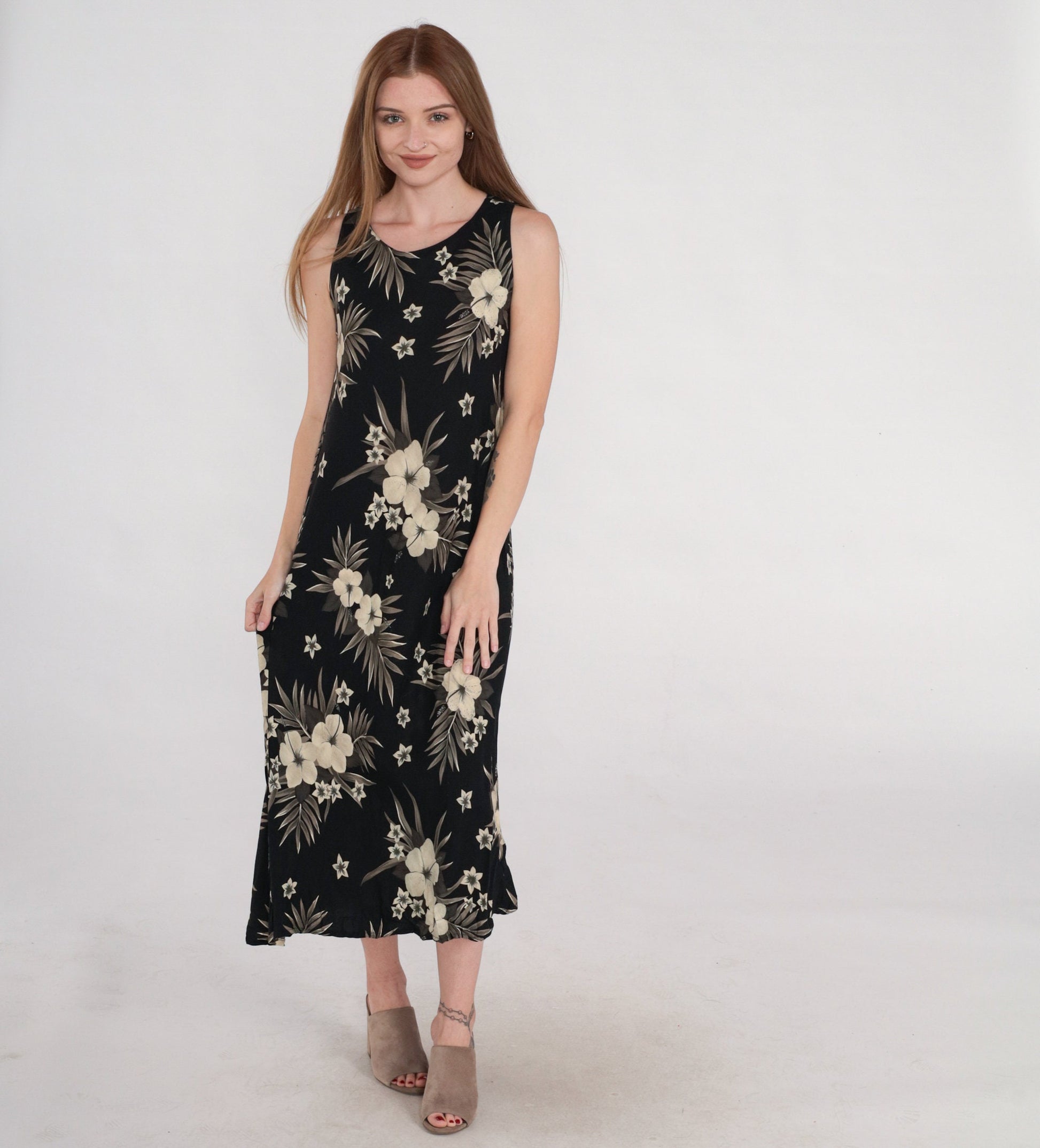 90s Black Tropical Floral Midi Dress Sleeveless Keyhole Back Small