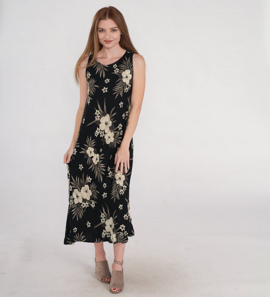 90s Black Tropical Floral Midi Dress Sleeveless Keyhole Back Small
