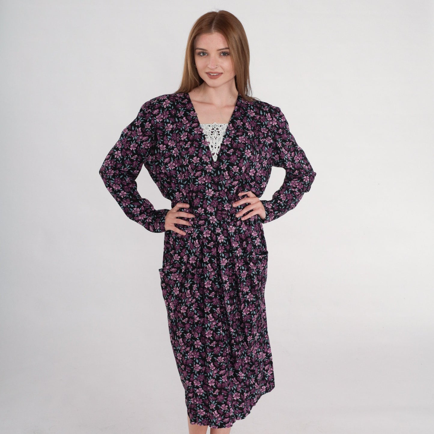 90s Karin Stevens Floral Midi Dress Purple Puff Sleeve V-Neck Small