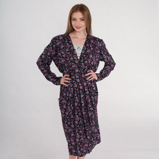 90s Karin Stevens Floral Midi Dress Purple Puff Sleeve V-Neck Small