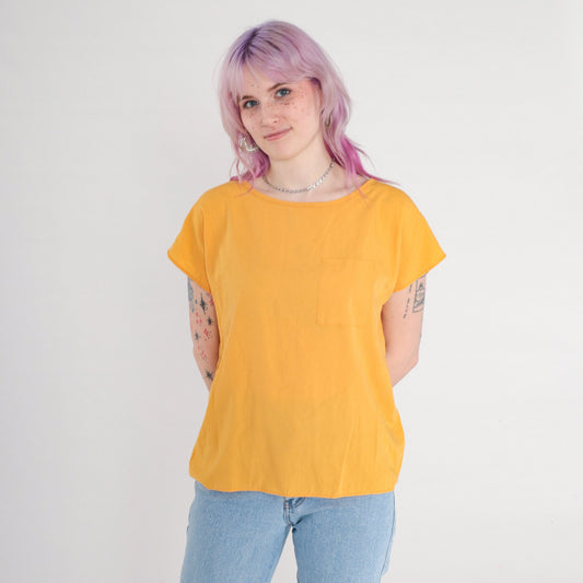 90s Mustard Yellow Cap Sleeve Blouse Pocket Top Medium