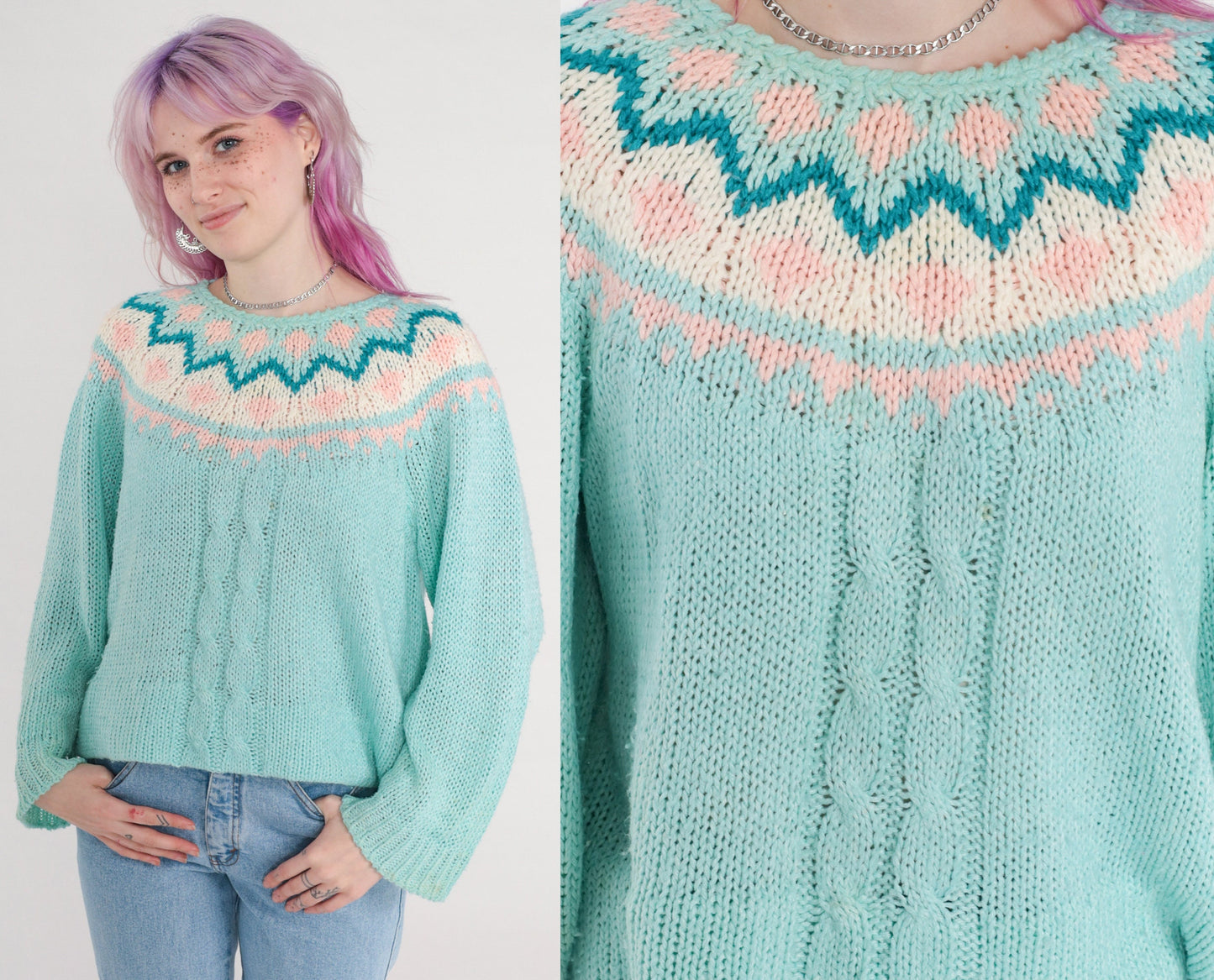 90s Hunters Glen Fair Isle Cable Knit Sweater Blue Pastel Large L