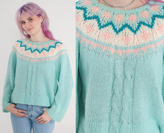 90s Hunters Glen Fair Isle Cable Knit Sweater Blue Pastel Large L