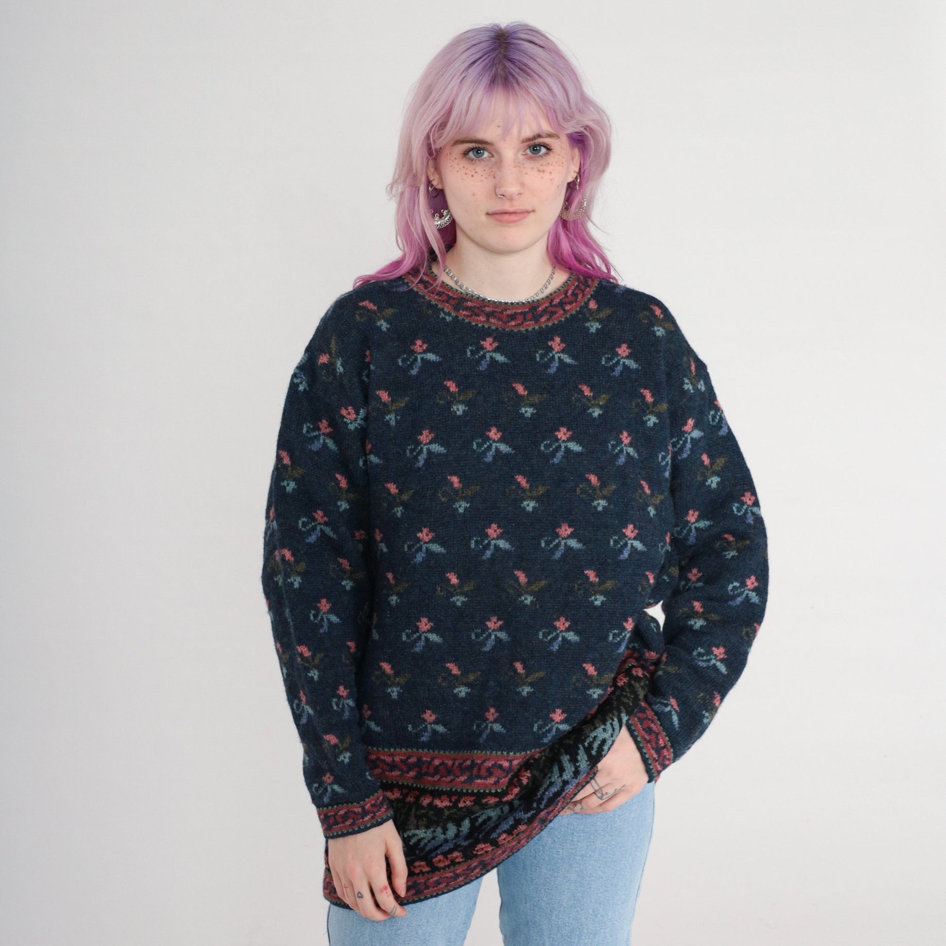 00s Floral Knit Sweater Navy Blue Icelandic Design Wool Crewneck Large L