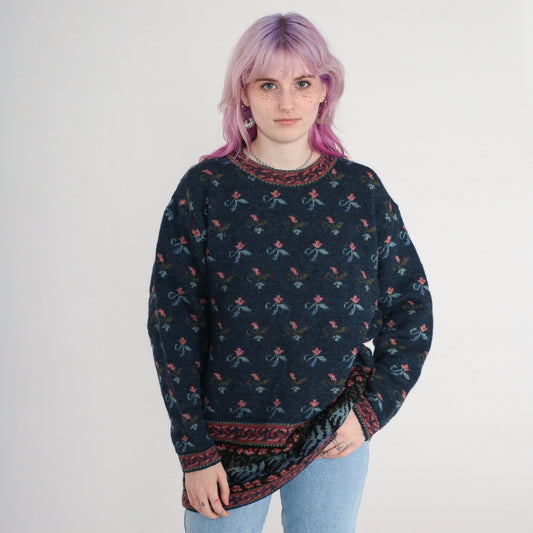 00s Floral Knit Sweater Navy Blue Icelandic Design Wool Crewneck Large L