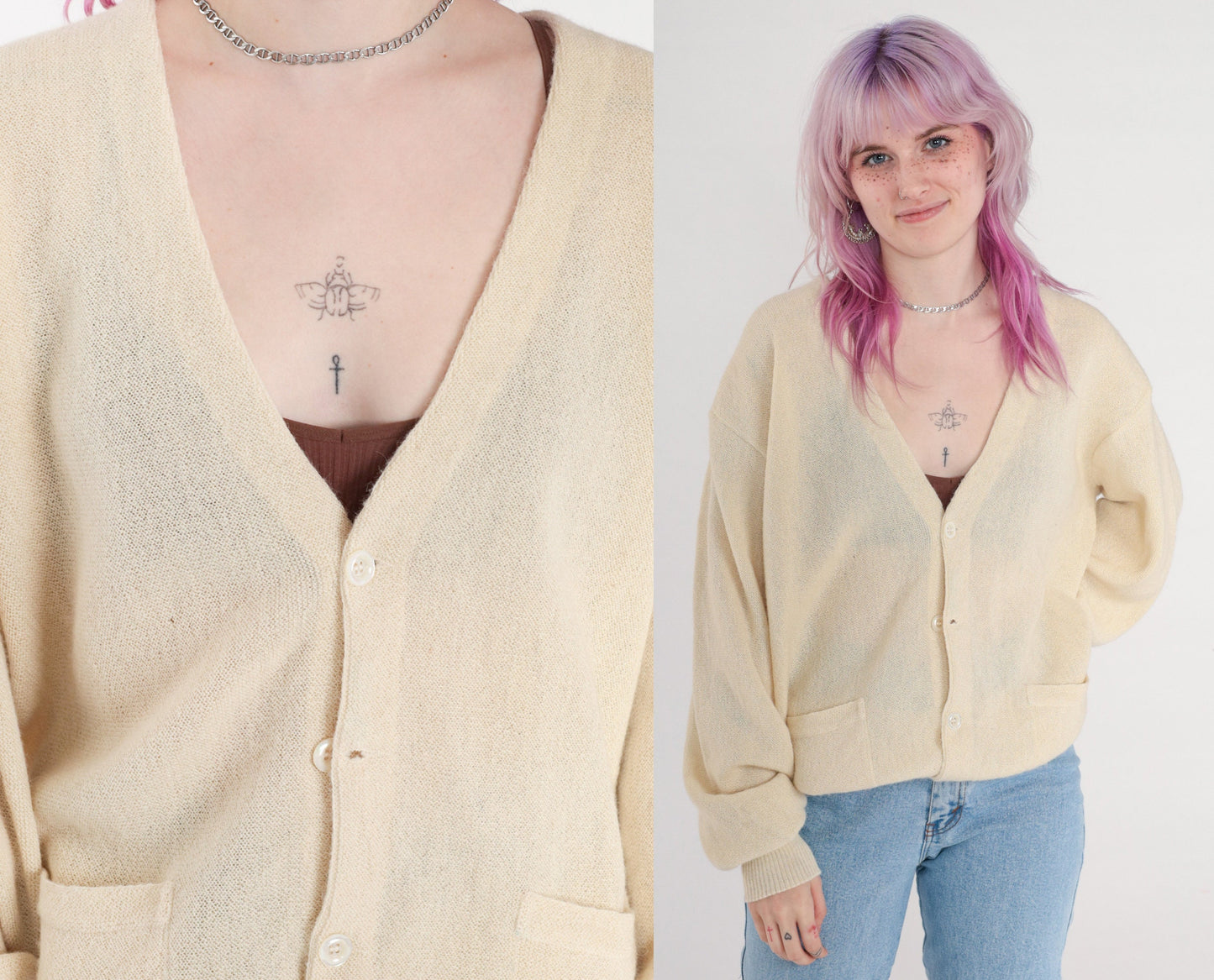 80s Alpaca Wool Cardigan Cream Button-Up Knit Sweater Men's Large L